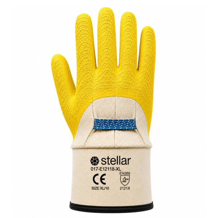 Jersey 3/4 Coated Yellow Latex Gloves, Wrinkle Finish, Safety Cuff
