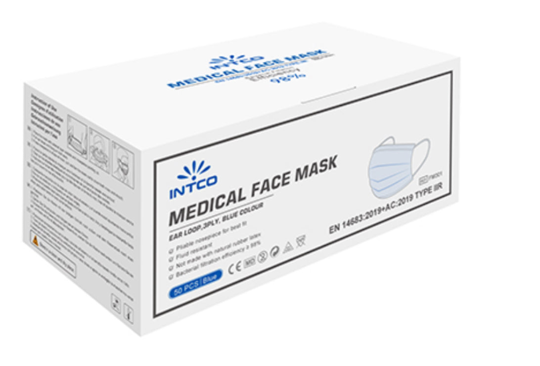 Intco - Level 3 Face Surgical Masks - 3 Ply, 50 Units/Box, Blue- 40 Box/Case