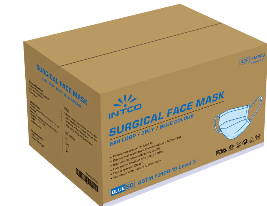 Intco - Level 3 Face Surgical Masks - 3 Ply, 50 Units/Box, Blue- 40 Box/Case