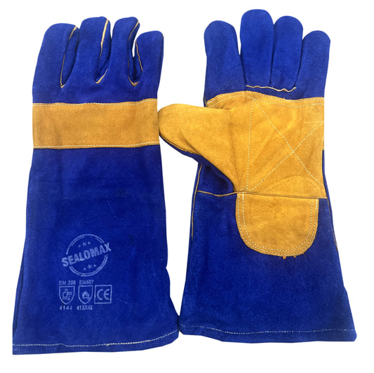 Welding Glove Blue Leather with Yellow Palm Kevlar Stitch- 14 Inc