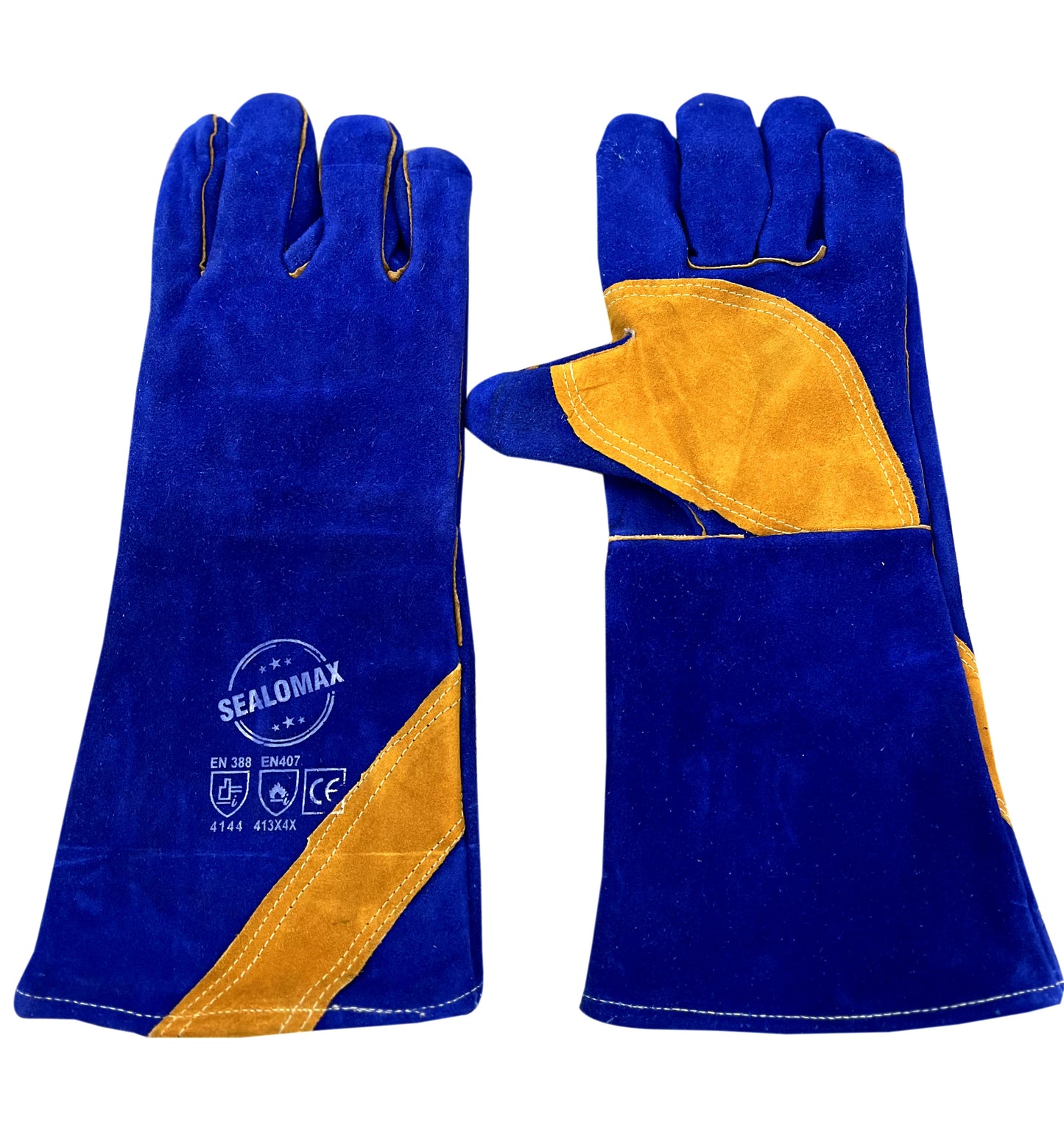 Welding Glove Blue Leather with Yellow Palm Kevlar Stitch- 16 Inch